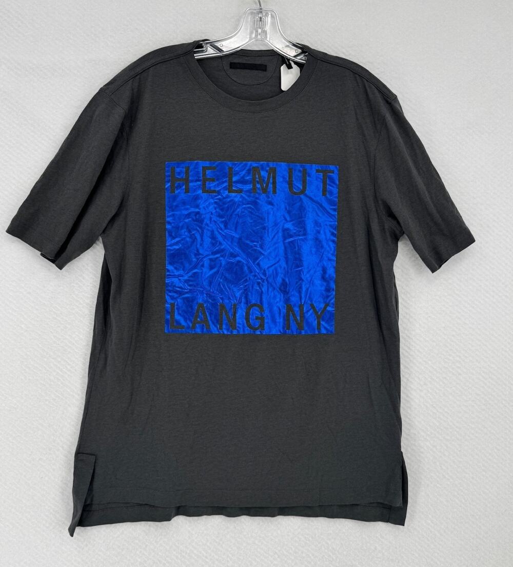 Helmut Lang Mens Gunmetal Grey Metallic Blue Film Print Box Fit T Shirt Sz M
